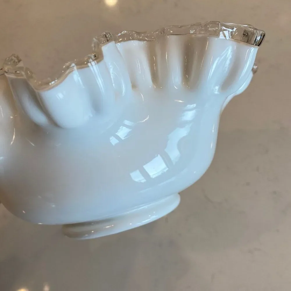 Vintage 1950s Fenton White Milk Glass Bon Bon Dish Silver Crest Double Crimp Rim